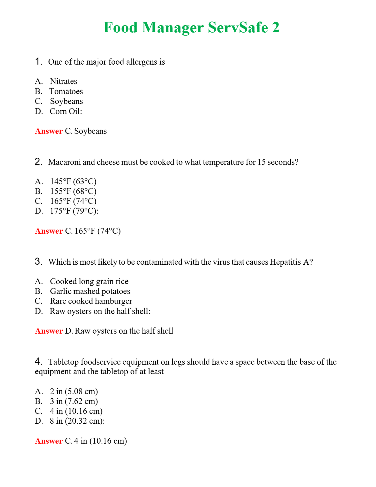 Food Manager ServSafe 2 | Actual Questions and Verified Answers ( Included ) 100% Correct