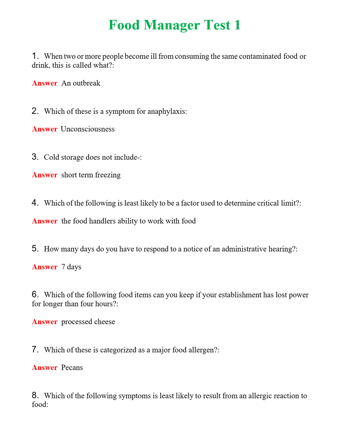 Food Manager Test 1 | Actual Questions and Verified Answers ( Included ) 100% Correct