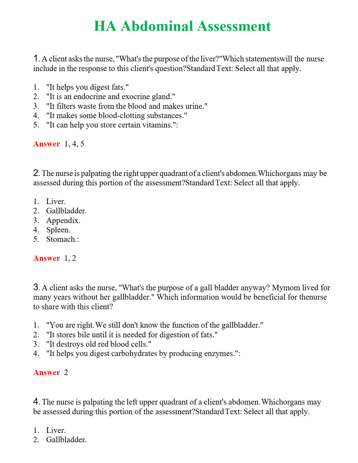 HA Abdominal Assessment Questions With Complete Grade A+ Answers