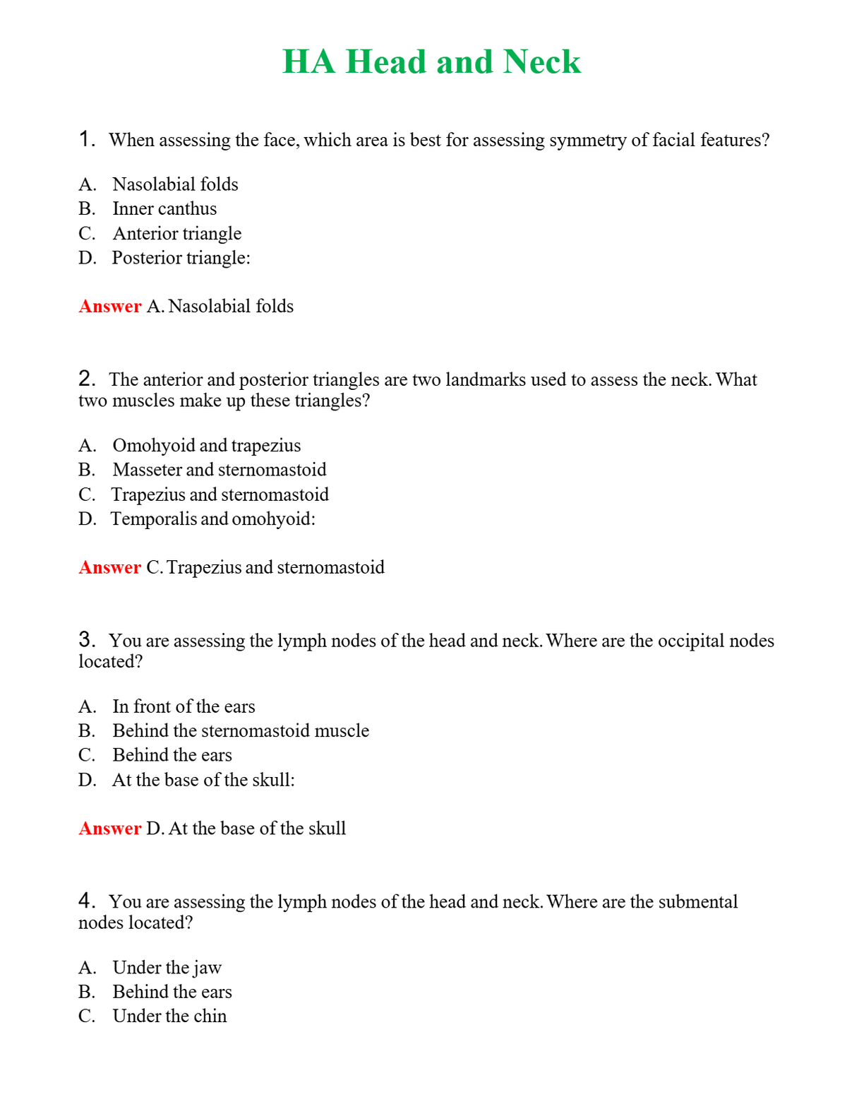 HA Head and Neck Questions With Complete Grade A+ Answers