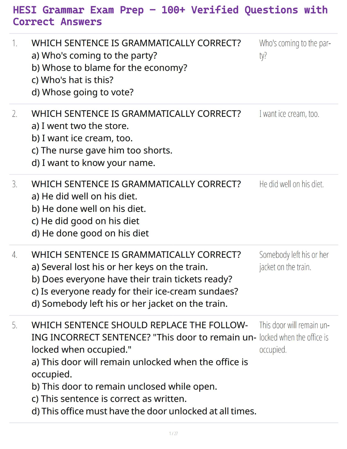 HESI Grammar Exam Prep – 100+ Verified Questions with Correct Answers