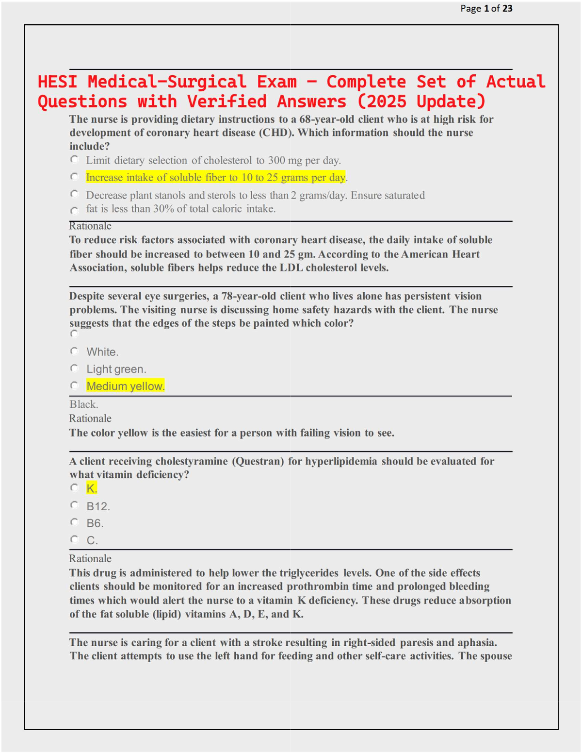 HESI Medical-Surgical Exam – Complete Set of Actual Questions with Verified Answers (2025 Update