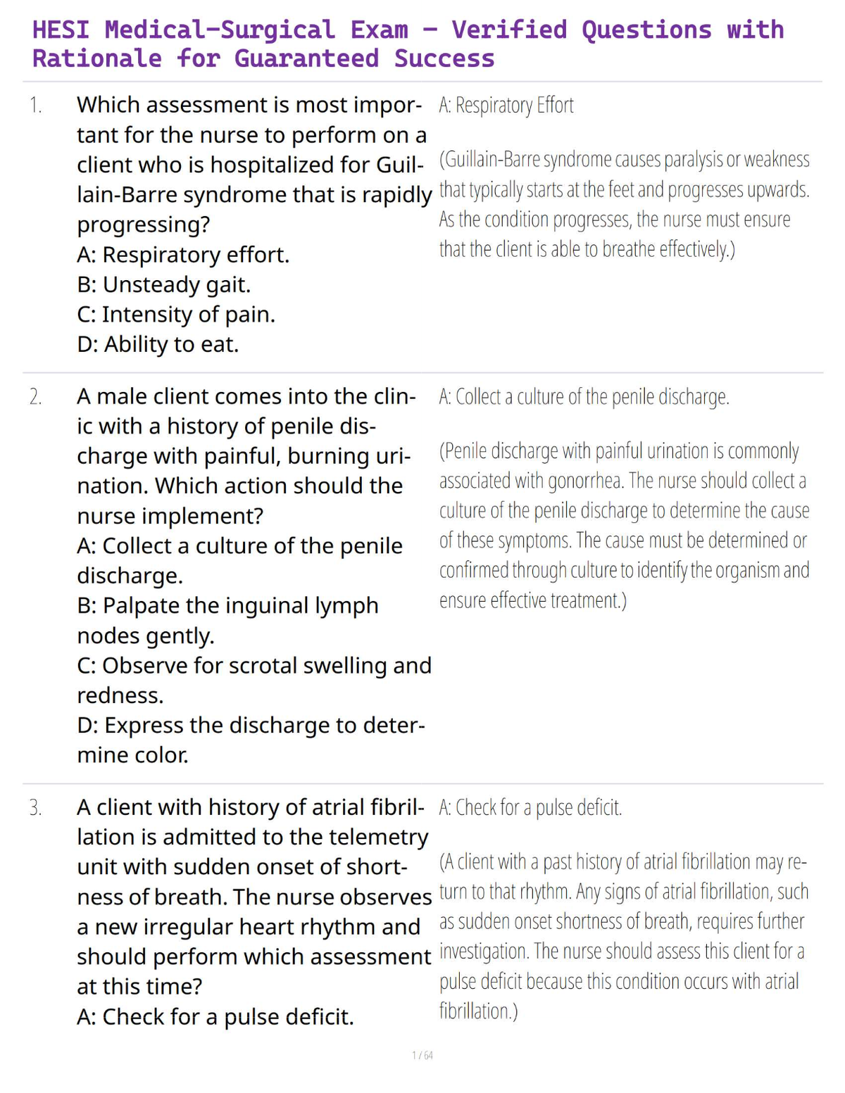 HESI Medical-Surgical Exam – Verified Questions with Rationale for Guaranteed Success