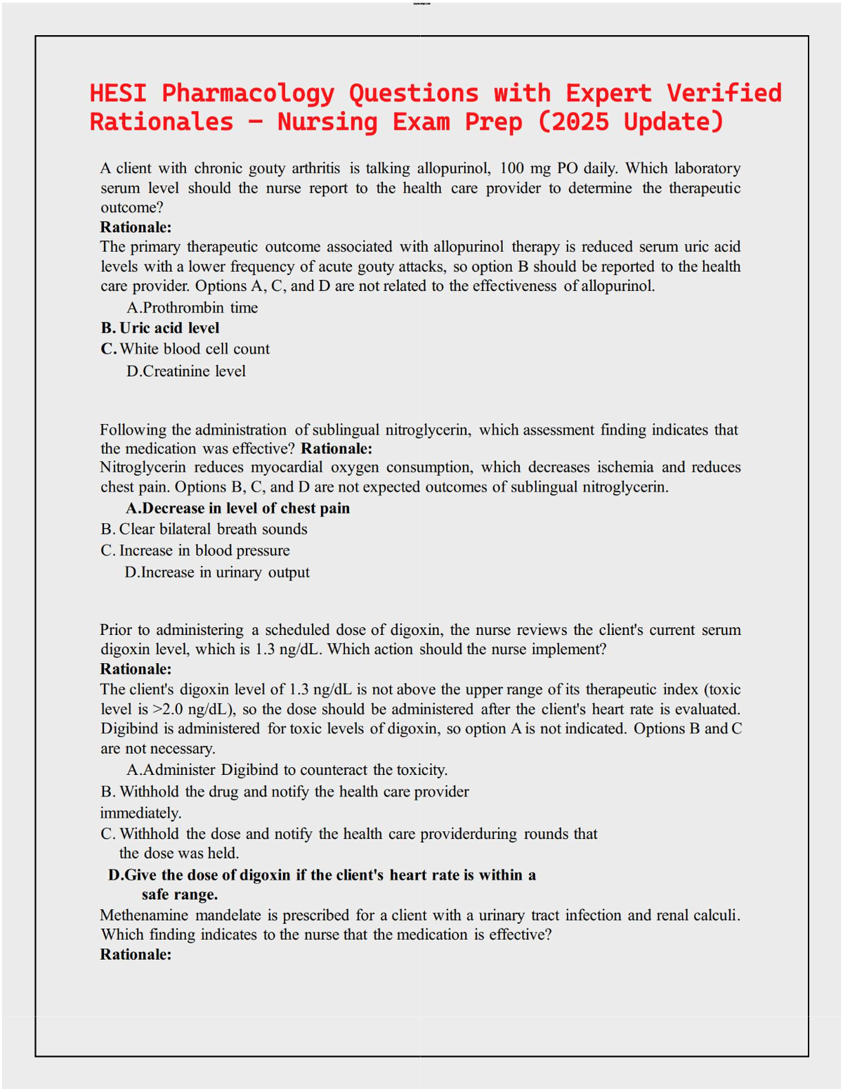 HESI Pharmacology Questions with Expert Verified Rationales – Nursing Exam Prep (2025 Update)
