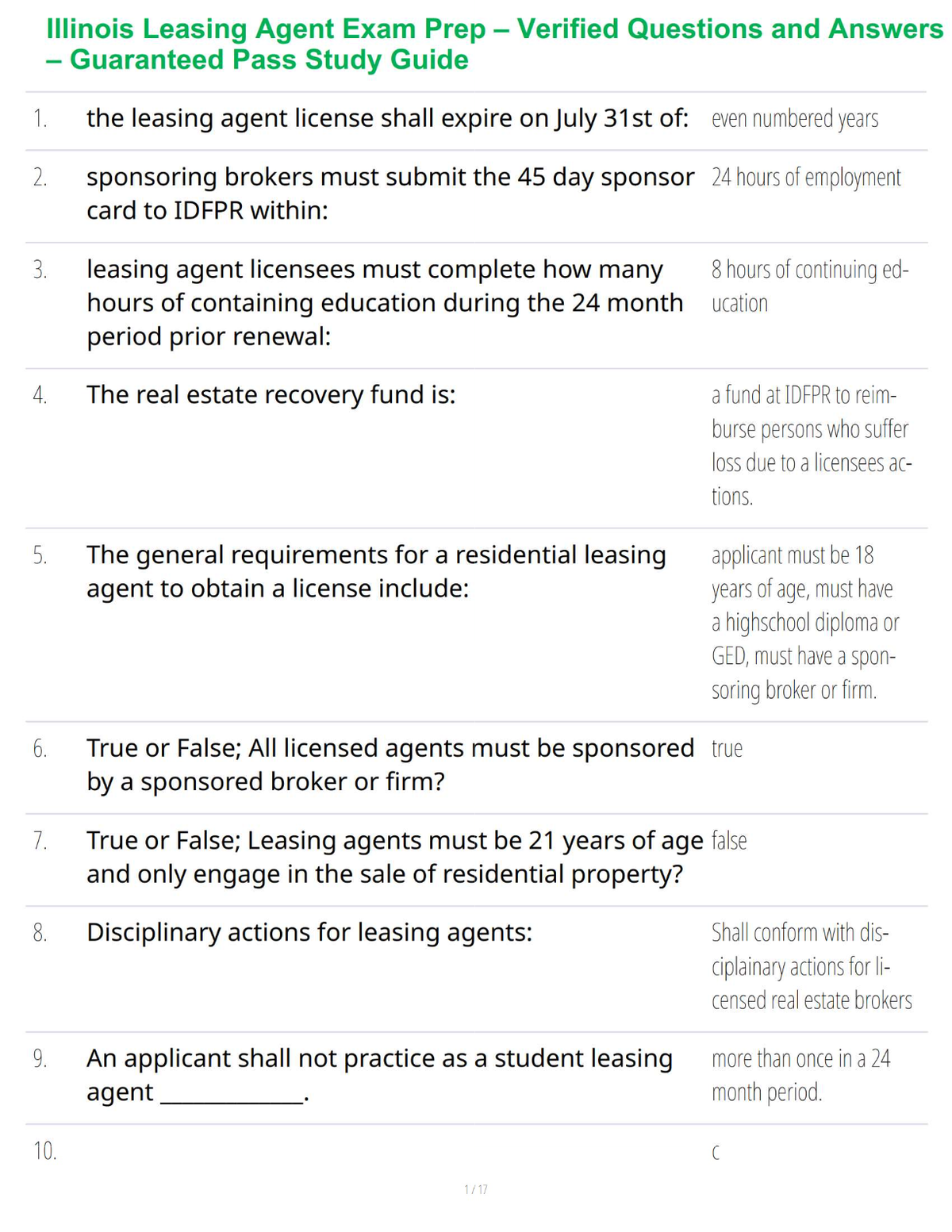 Illinois Leasing Agent Exam Prep – Verified Questions and Answers – Guaranteed Pass Study Guide