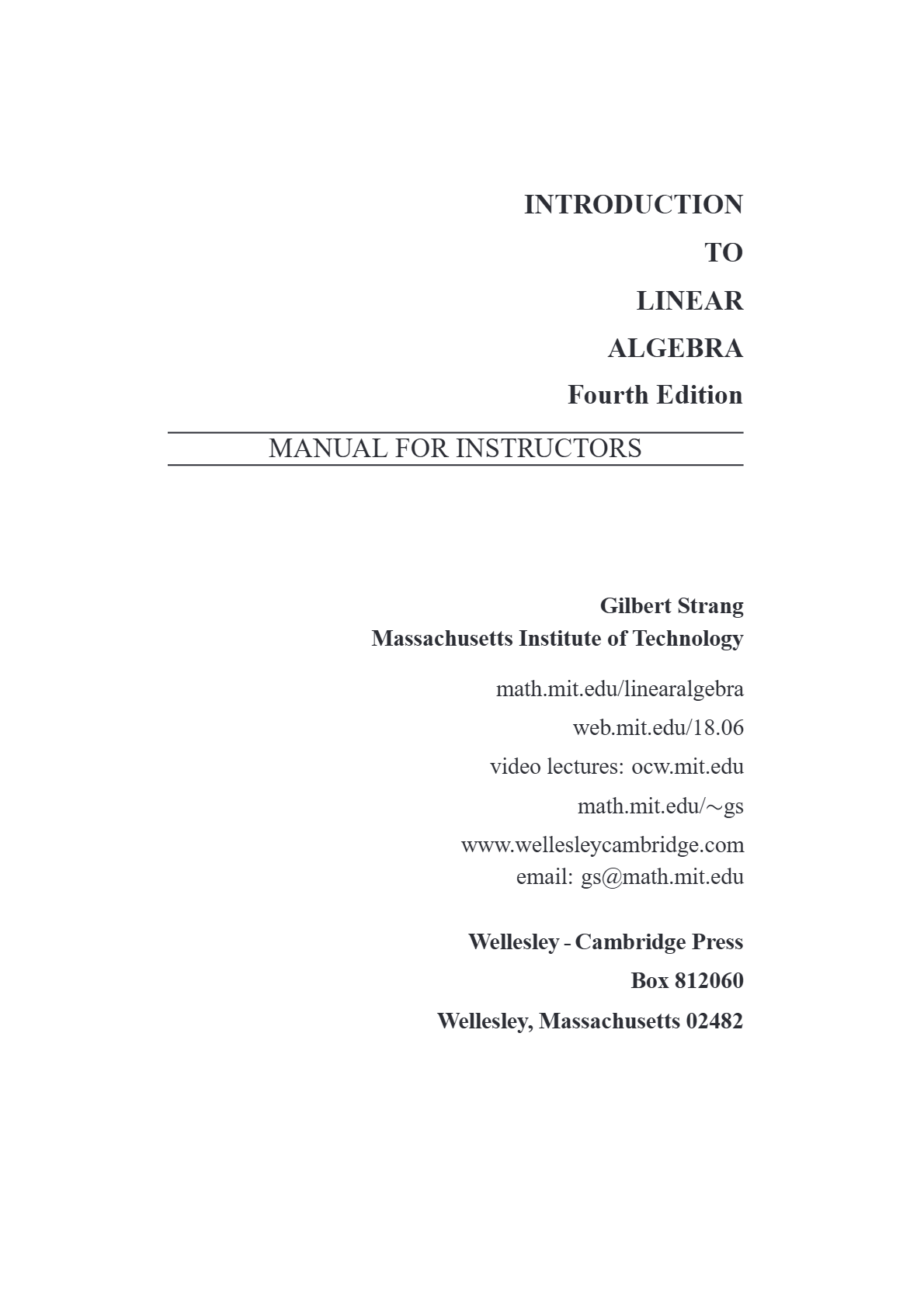 Introduction To Linear Algebra 4th Edition By Gilbert Strang-MIT Textbook SOLUTIONS MANUAL