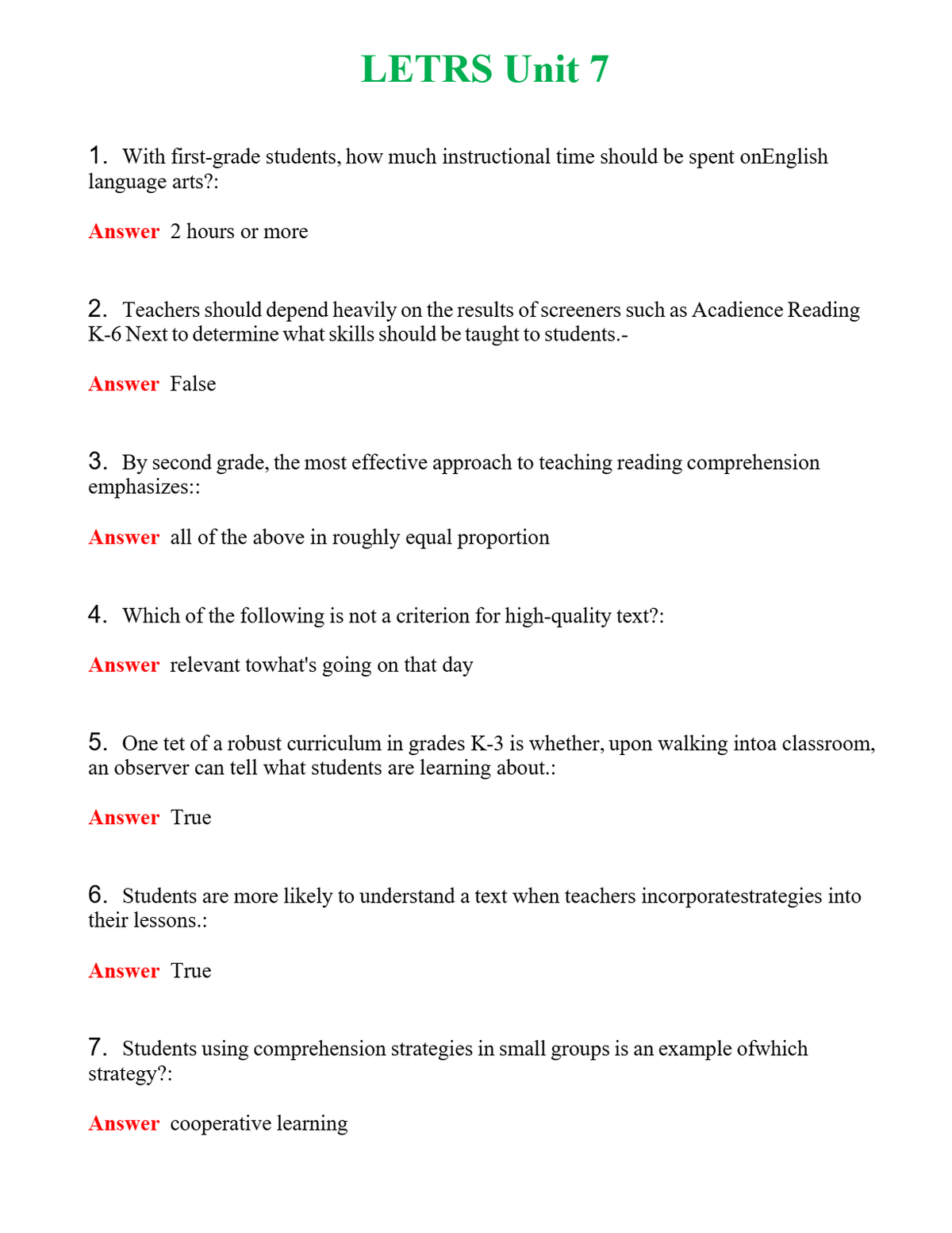 LETRS Unit 7 Questions With Complete Grade A+ Answers