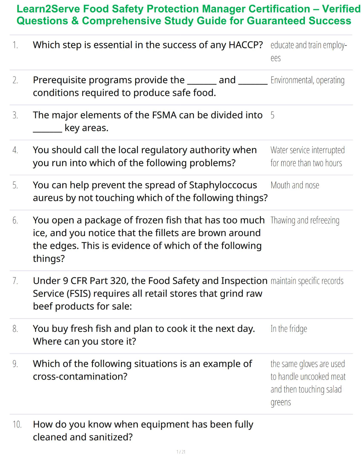 Learn2Serve Food Safety Protection Manager Certification – Verified Questions & Comprehensive Study Guide for Guaranteed Success