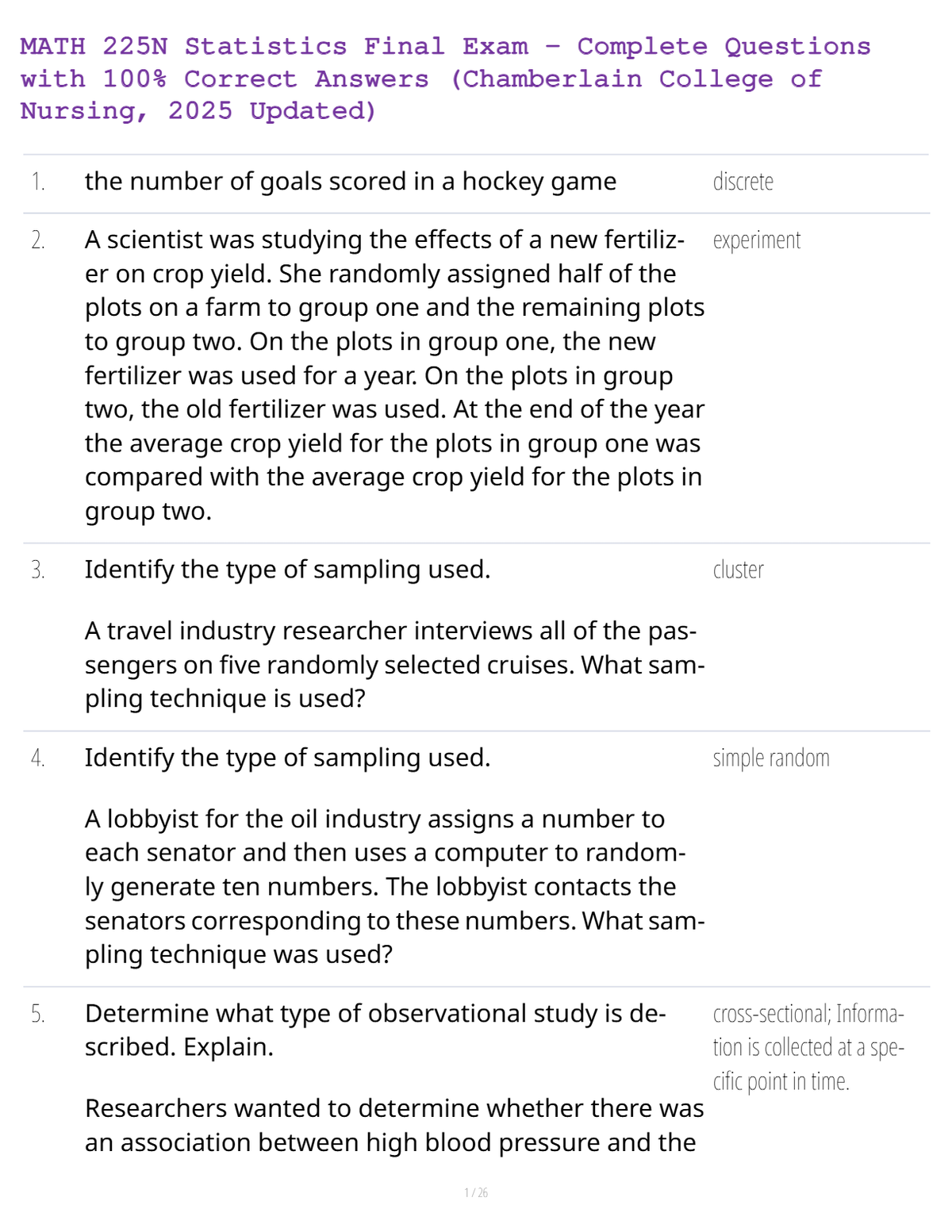 MATH 225N Statistics Final Exam – Complete Questions with 100% Correct Answers (Chamberlain College of Nursing, 2025 Updated)
