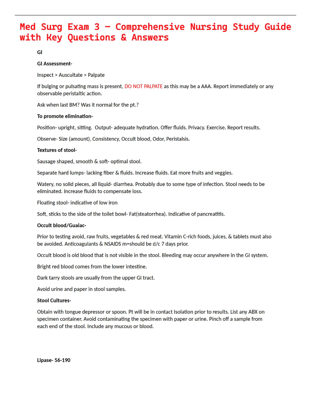 Med Surg Exam 3 – Comprehensive Nursing Study Guide with Key Questions & Answers
