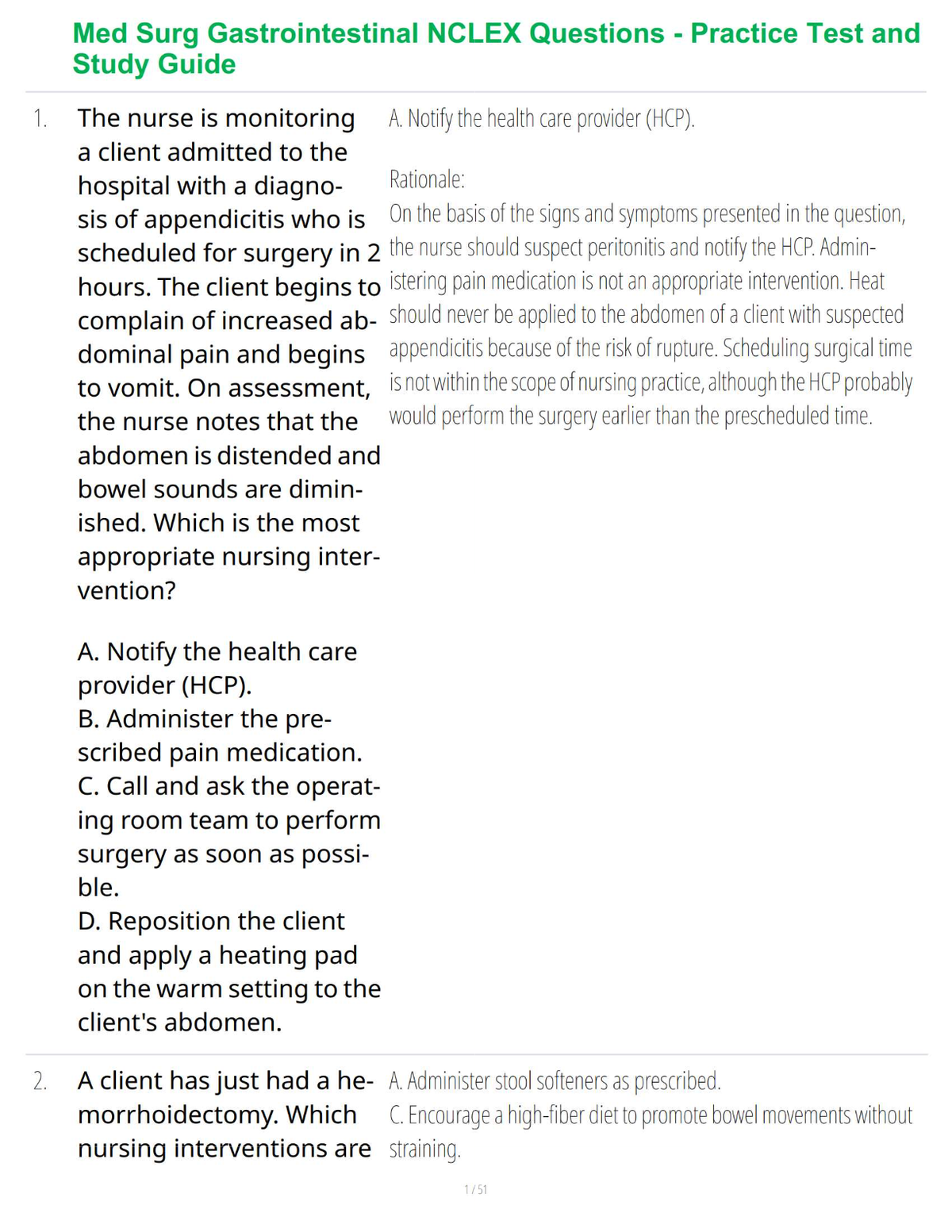 Med Surg Gastrointestinal NCLEX Questions - Practice Test and Study Guide