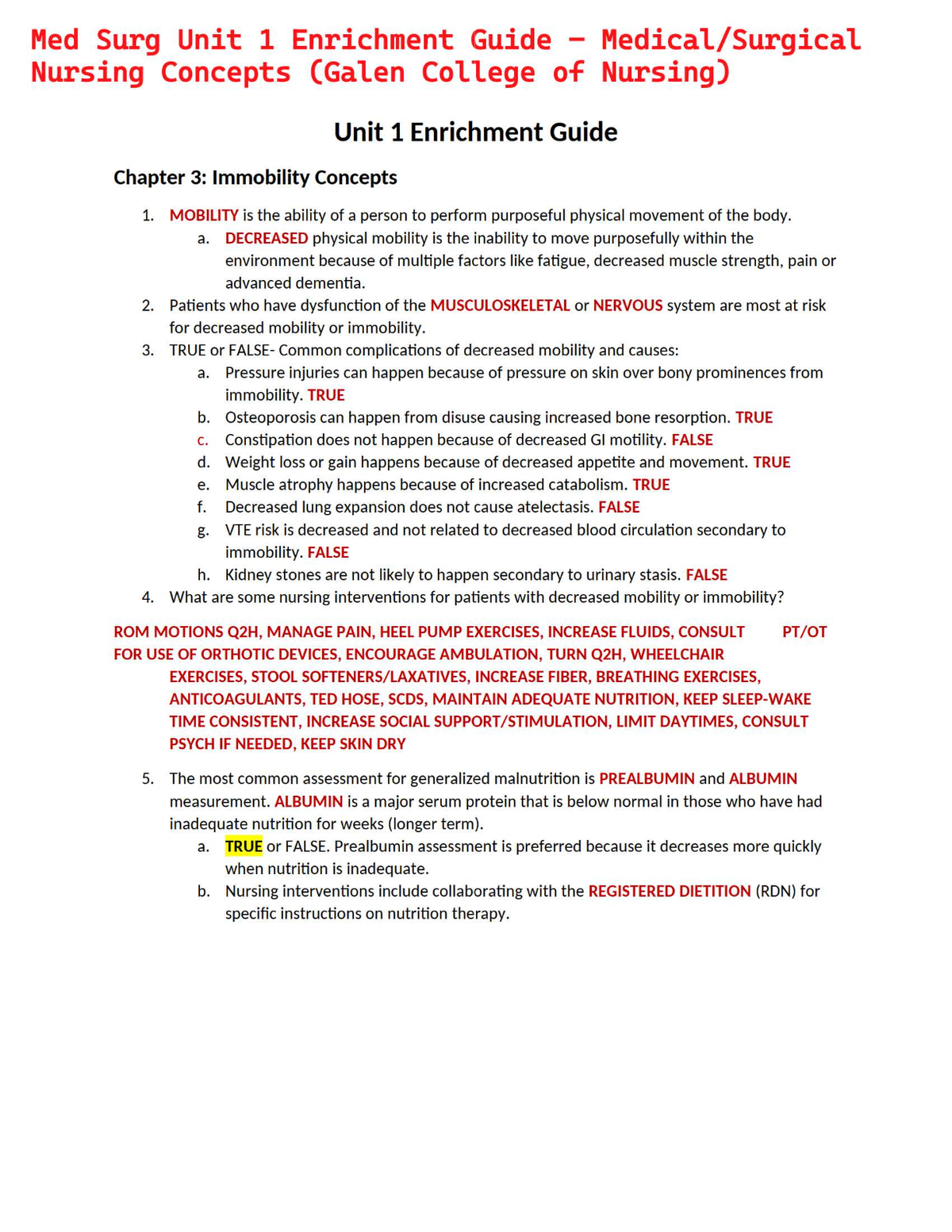 Med Surg Unit 1 Enrichment Guide – Medical/Surgical Nursing Concepts (Galen College of Nursing)
