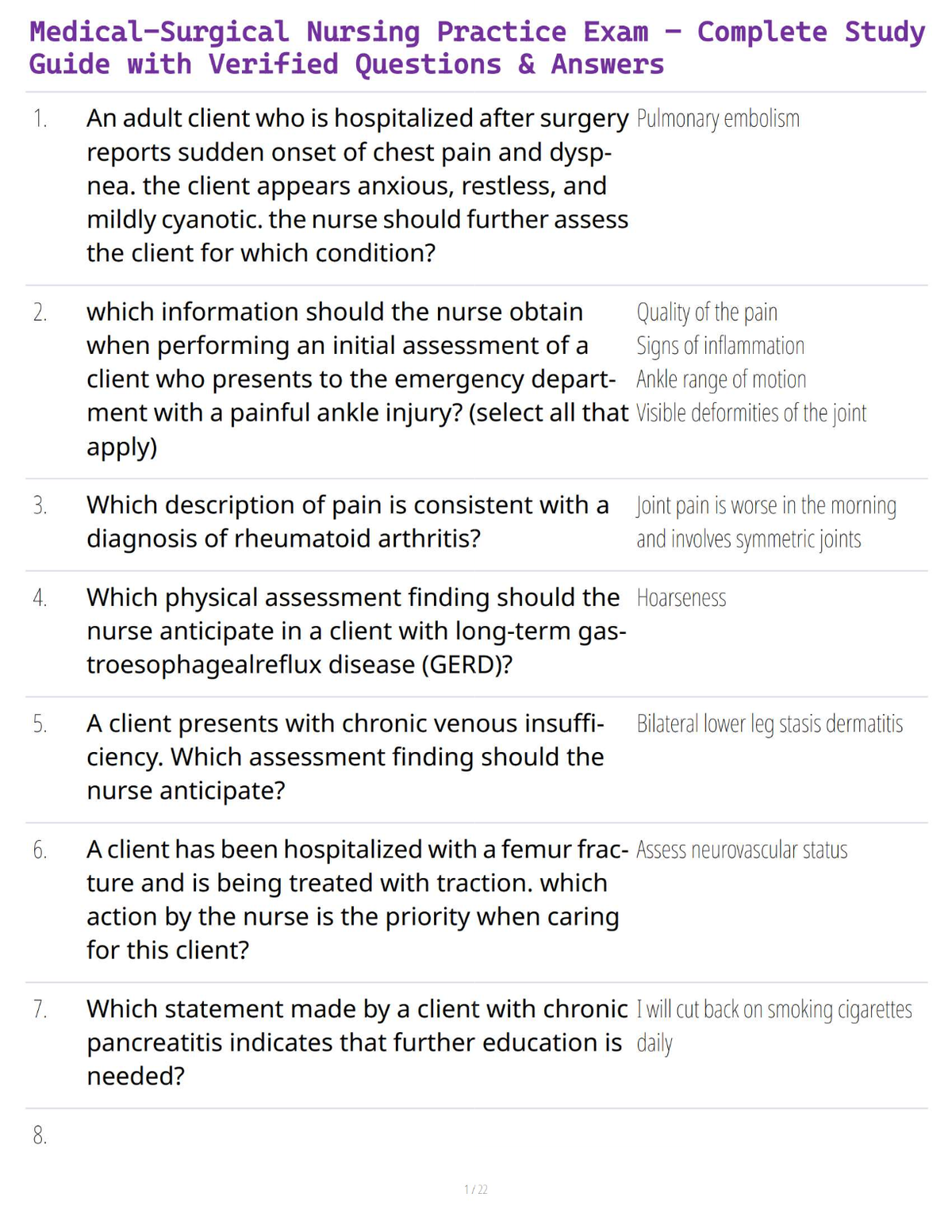 Medical-Surgical Nursing Practice Exam – Complete Study Guide with Verified Questions & Answers