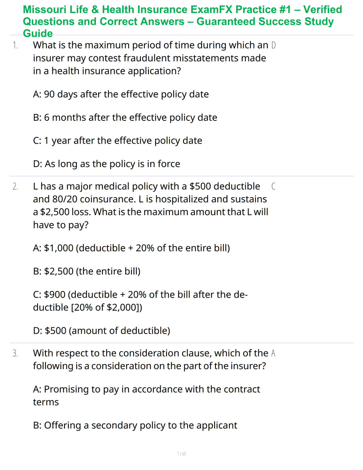 Missouri Life & Health Insurance ExamFX Practice #1 – Verified Questions and Correct Answers – Guaranteed Success Study Guide