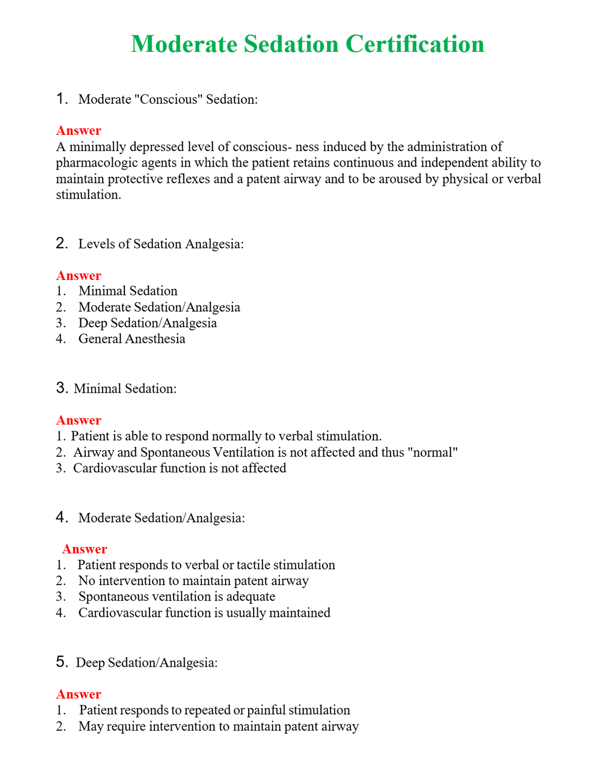 Moderate Sedation Certification Questions With Complete Grade A+ Answers