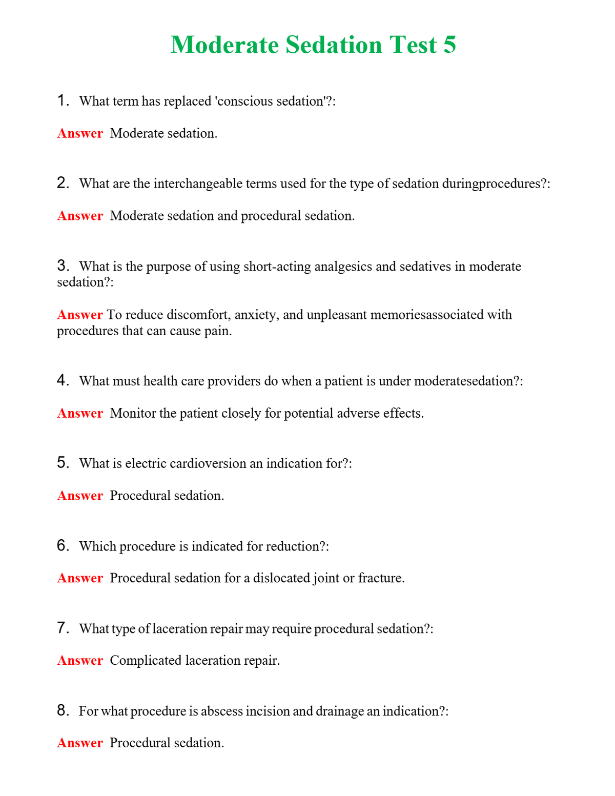 Moderate Sedation Test 5 Questions With Complete Grade A+ Answers