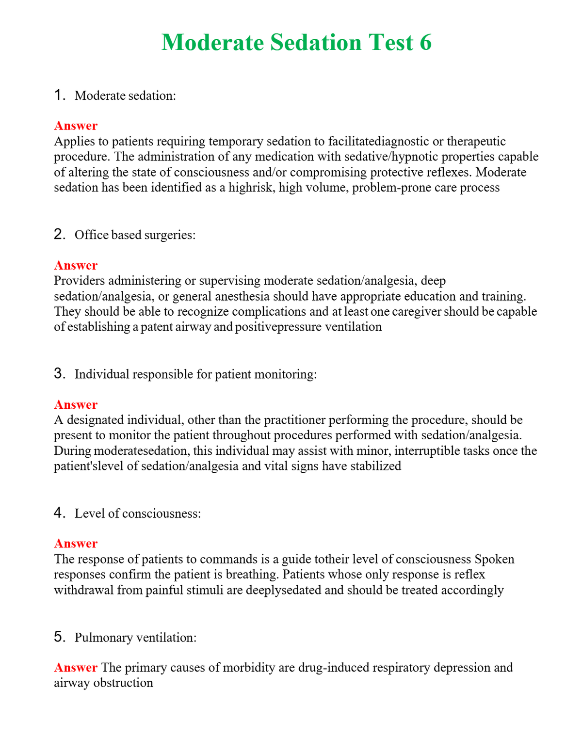 Moderate Sedation Test 6 Questions With Complete Grade A+ Answers