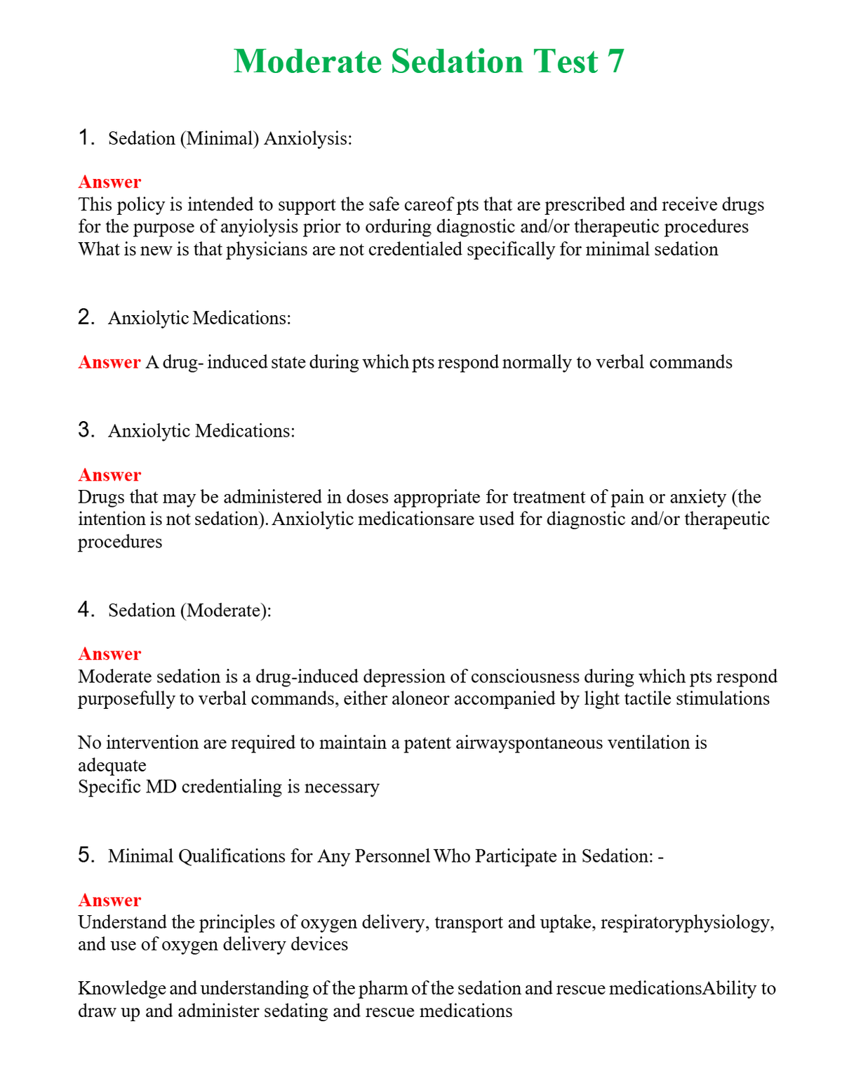 Moderate Sedation Test 7 Questions With Complete Grade A+ Answers