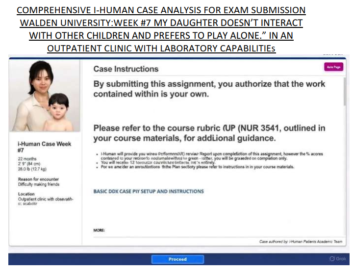 My Daughter Doesn’t Interact with Other Children and Prefers to Play Alone. IHUMAN CASE ANALYSIS WALDEN UNIVERSITY: WEEK #7 Comprehensive Exam Submission.