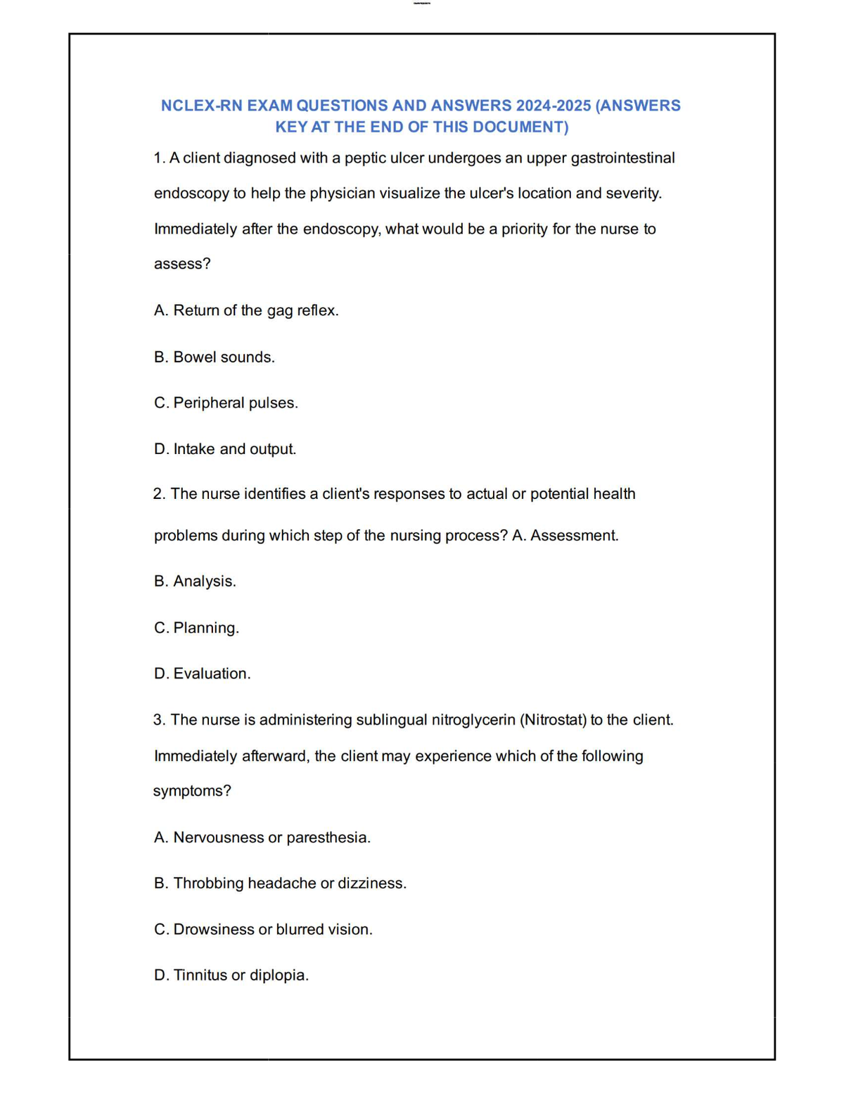 NCLEX-RN Exam Prep 2024–2025 – Questions with Answer Key Included at the End