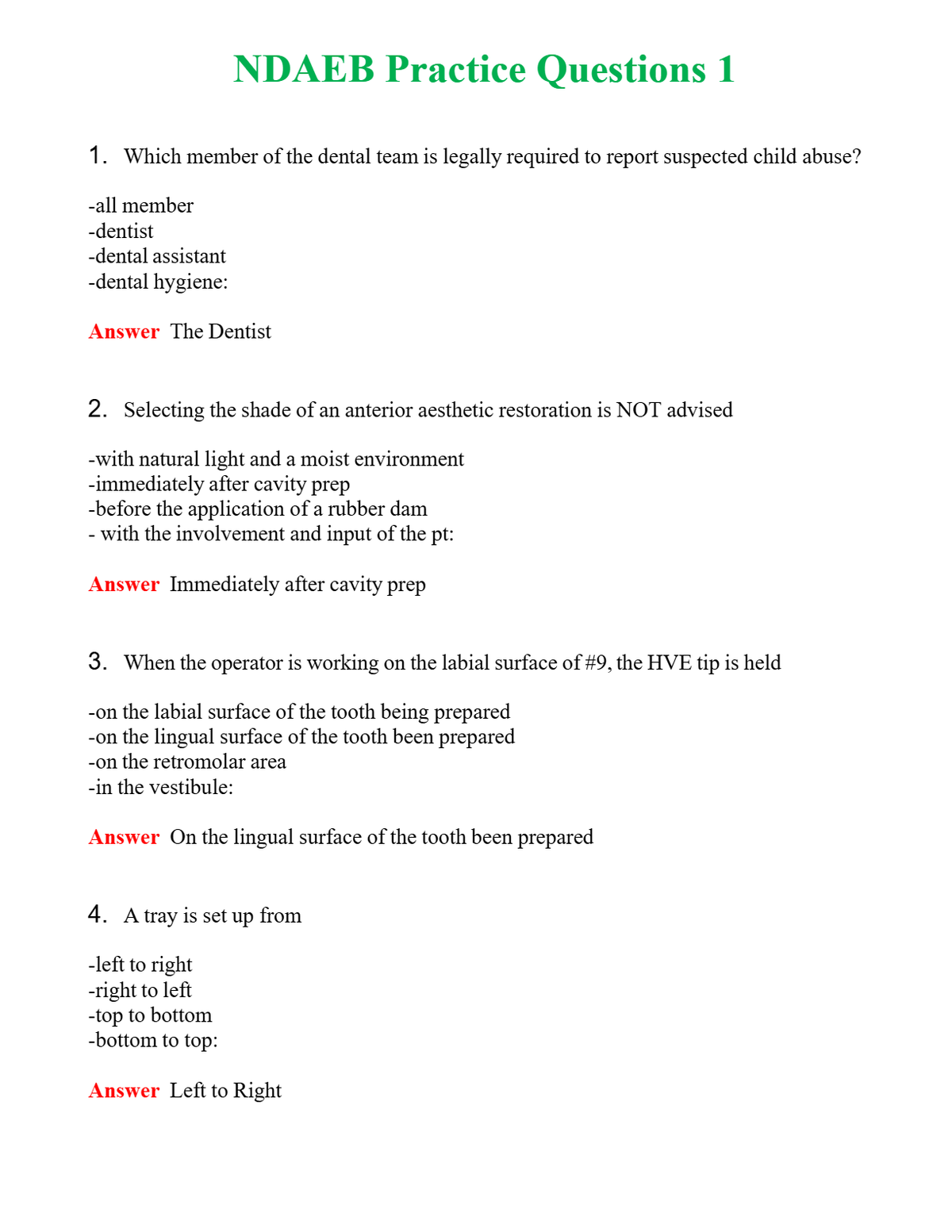 NDAEB Practice Questions 1 Questions With Complete Grade A+ Answers