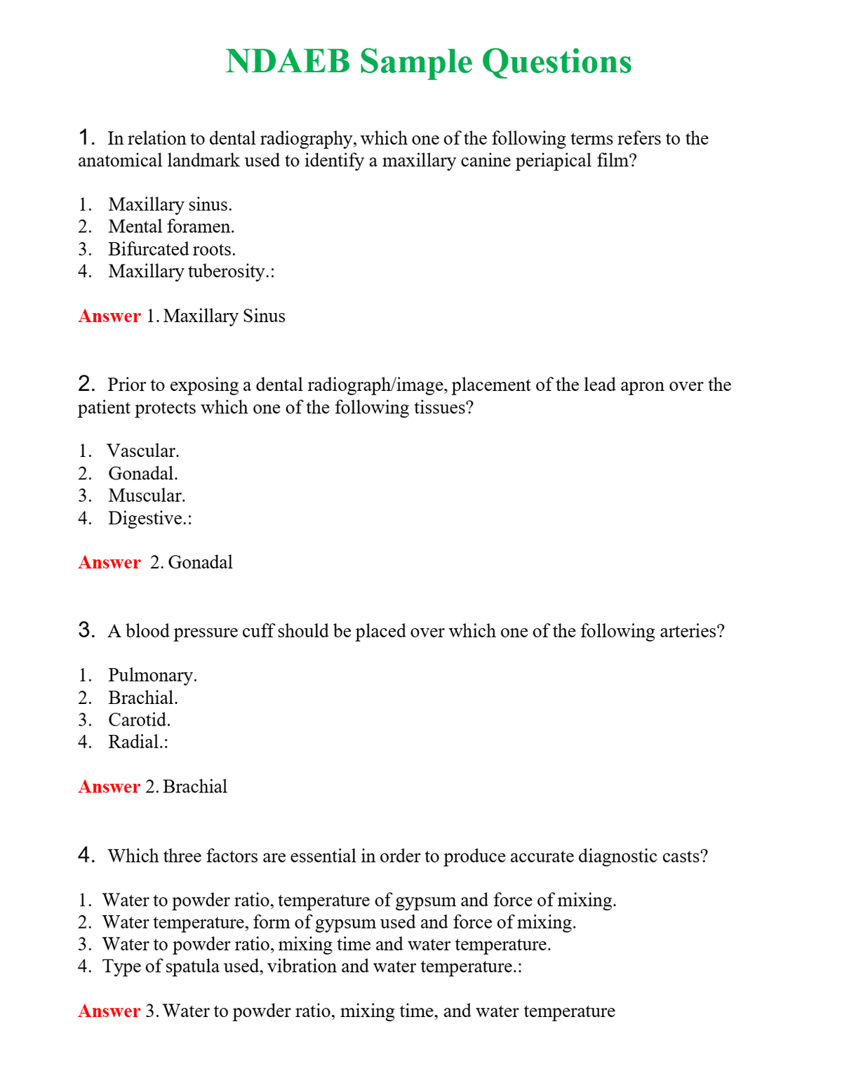 NDAEB Sample Questions Questions With Complete Grade A+ Answers