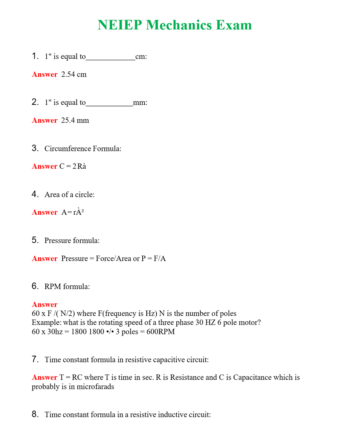 NEIEP Mechanics Exam | Actual Questions and Verified Answers ( Included ) 100% Correct