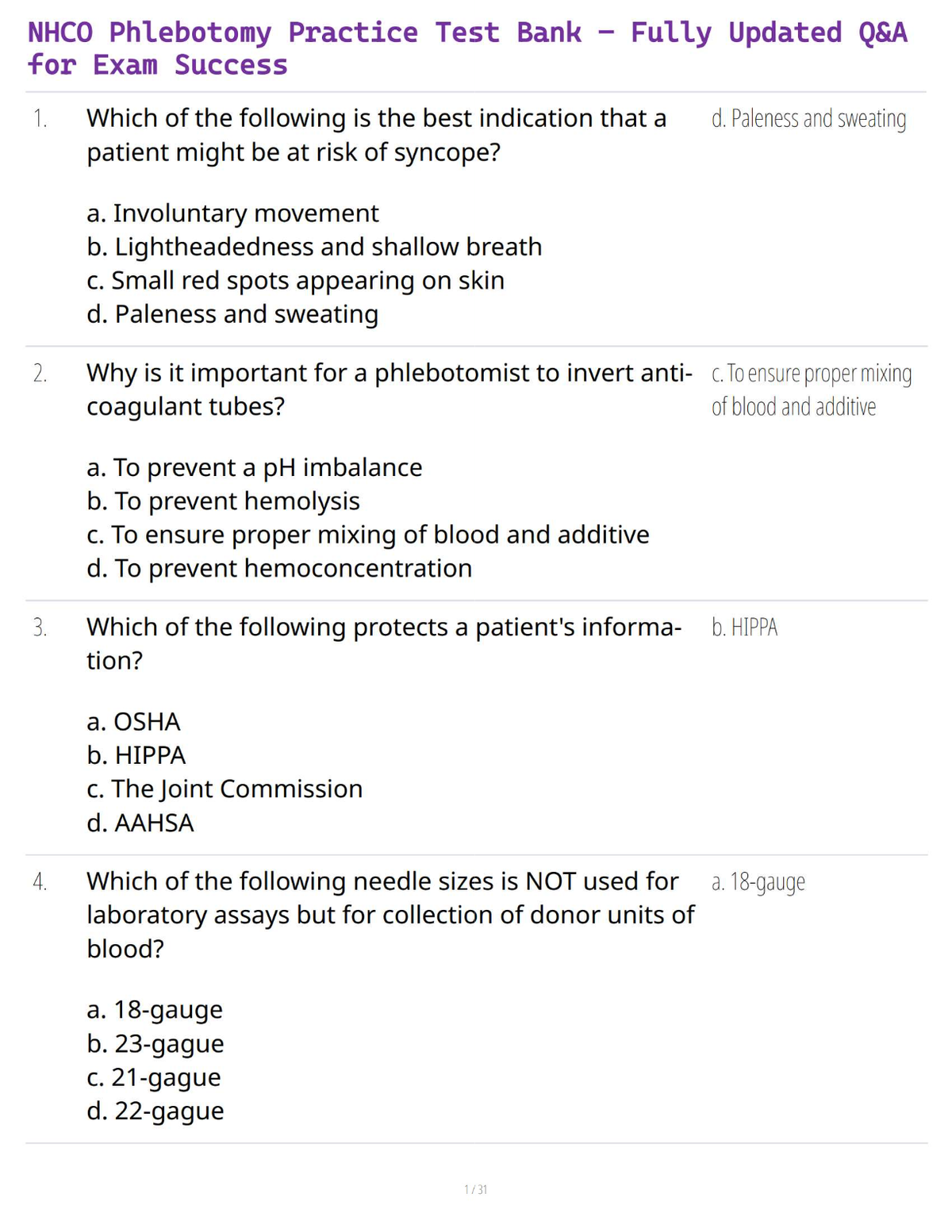 NHCO Phlebotomy Practice Test Bank – Fully Updated Q&A for Exam Success