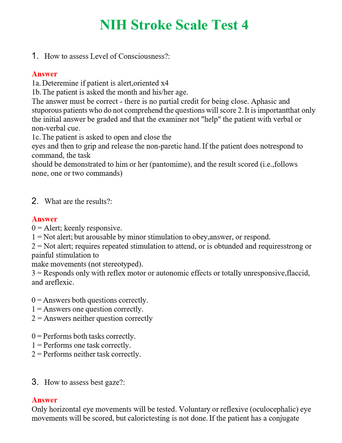 NIH Stroke Scale Test 4 Questions With Complete Grade A+ Answers
