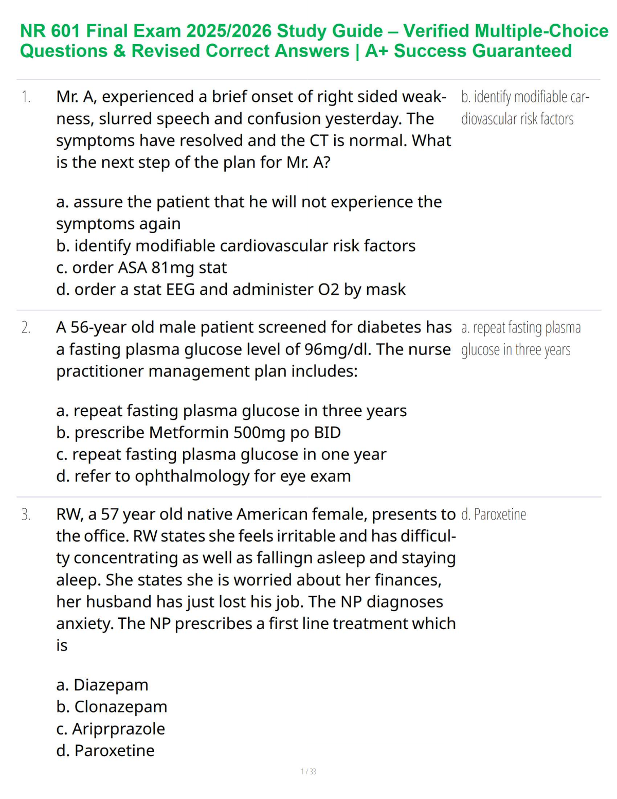 NR 601 Final Review Guide 2025–2026 – Advanced Primary Care Concepts and Learning Support