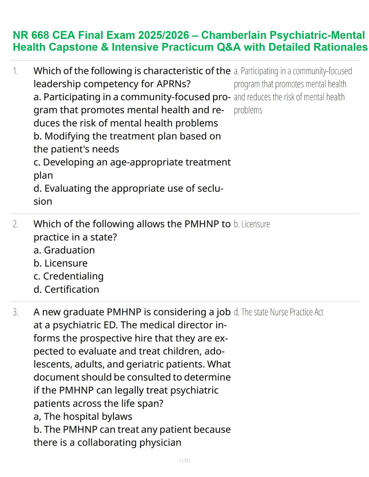 NR 668 CEA Final Exam 2025/2026 Update – Chamberlain Psychiatric-Mental Health Capstone & Intensive Practicum Q&A