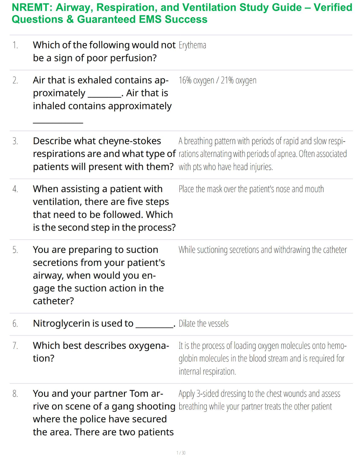NREMT: Airway, Respiration, and Ventilation Study Guide – Verified Questions & Guaranteed EMS Success