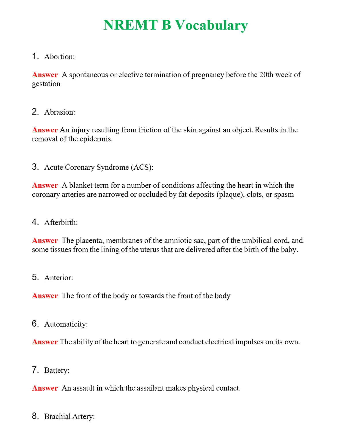 NREMT B Vocabulary Questions With Complete Grade A+ Answers