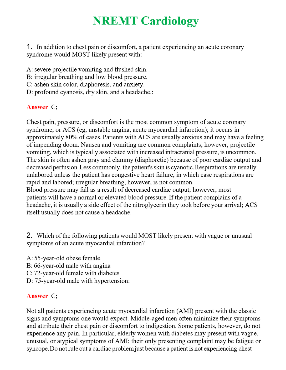 NREMT Cardiology Questions With Complete Grade A+ Answers