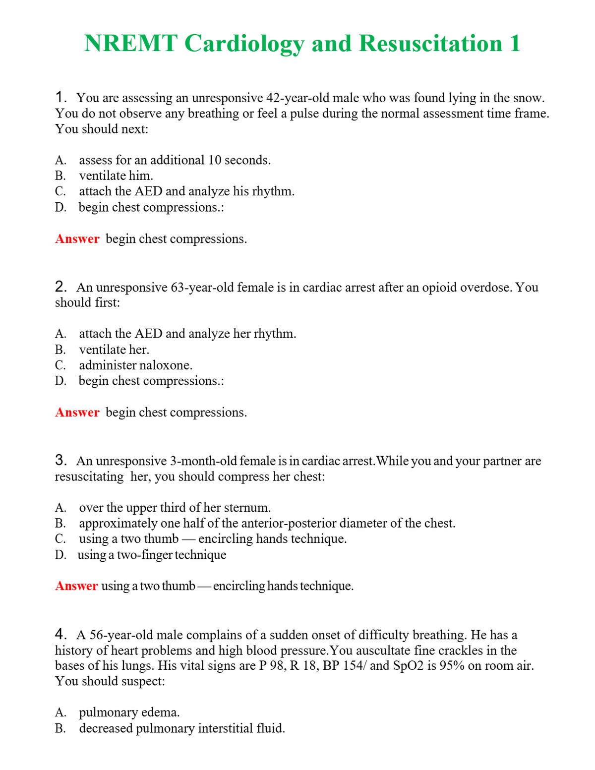 NREMT Cardiology and Resuscitation 1 Questions With Complete Grade A+ Answers