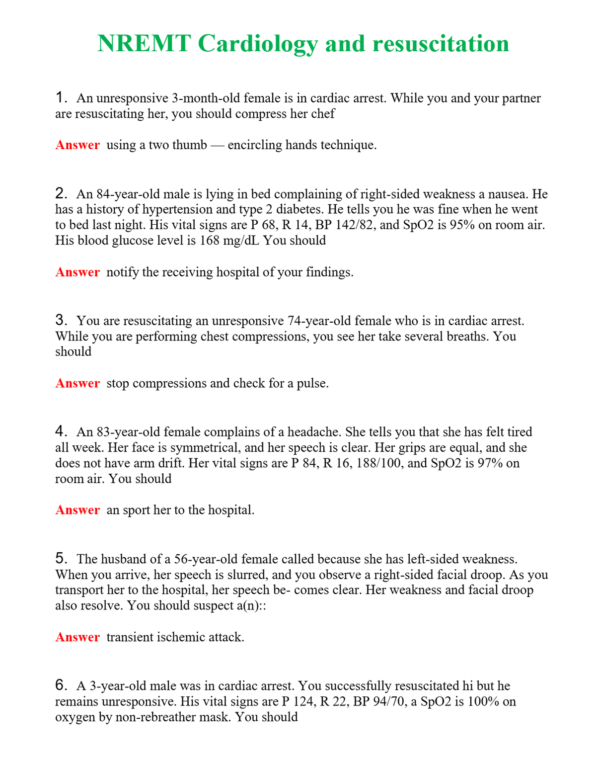 NREMT Cardiology and resuscitation Questions With Complete Grade A+ Answers