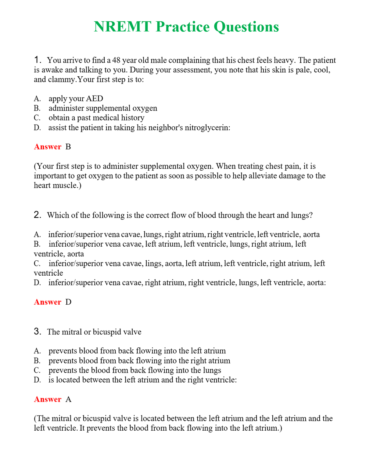 NREMT Practice Questions Questions With Complete Grade A+ Answers