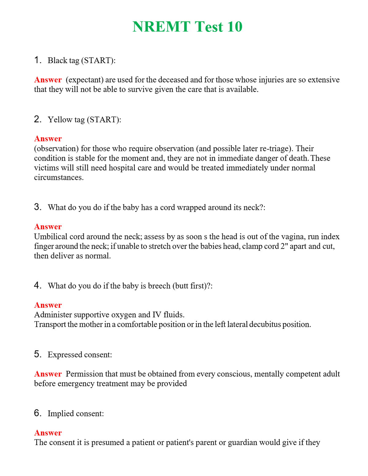 NREMT Test 10 Questions With Complete Grade A+ Answers