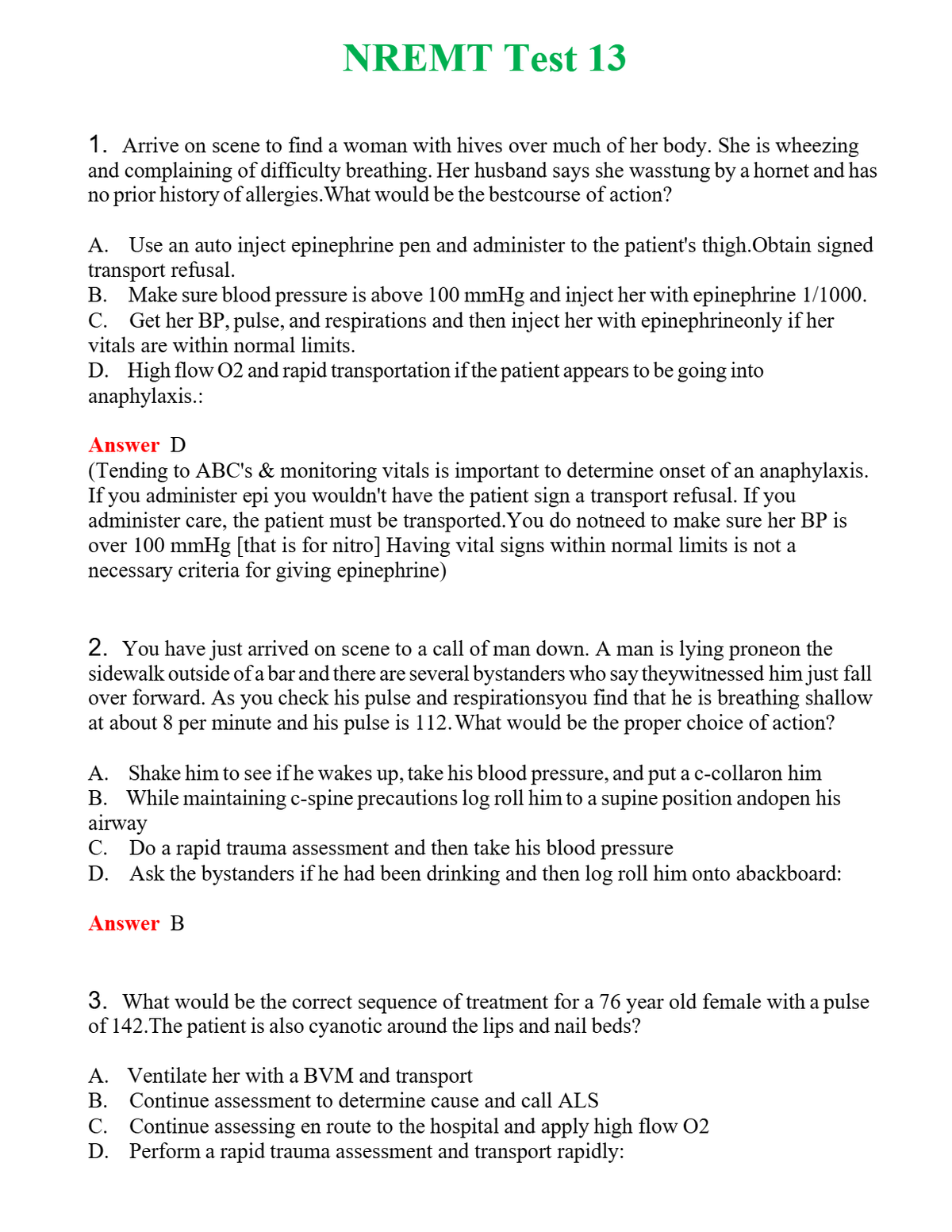 NREMT Test 13 Questions With Complete Grade A+ Answers