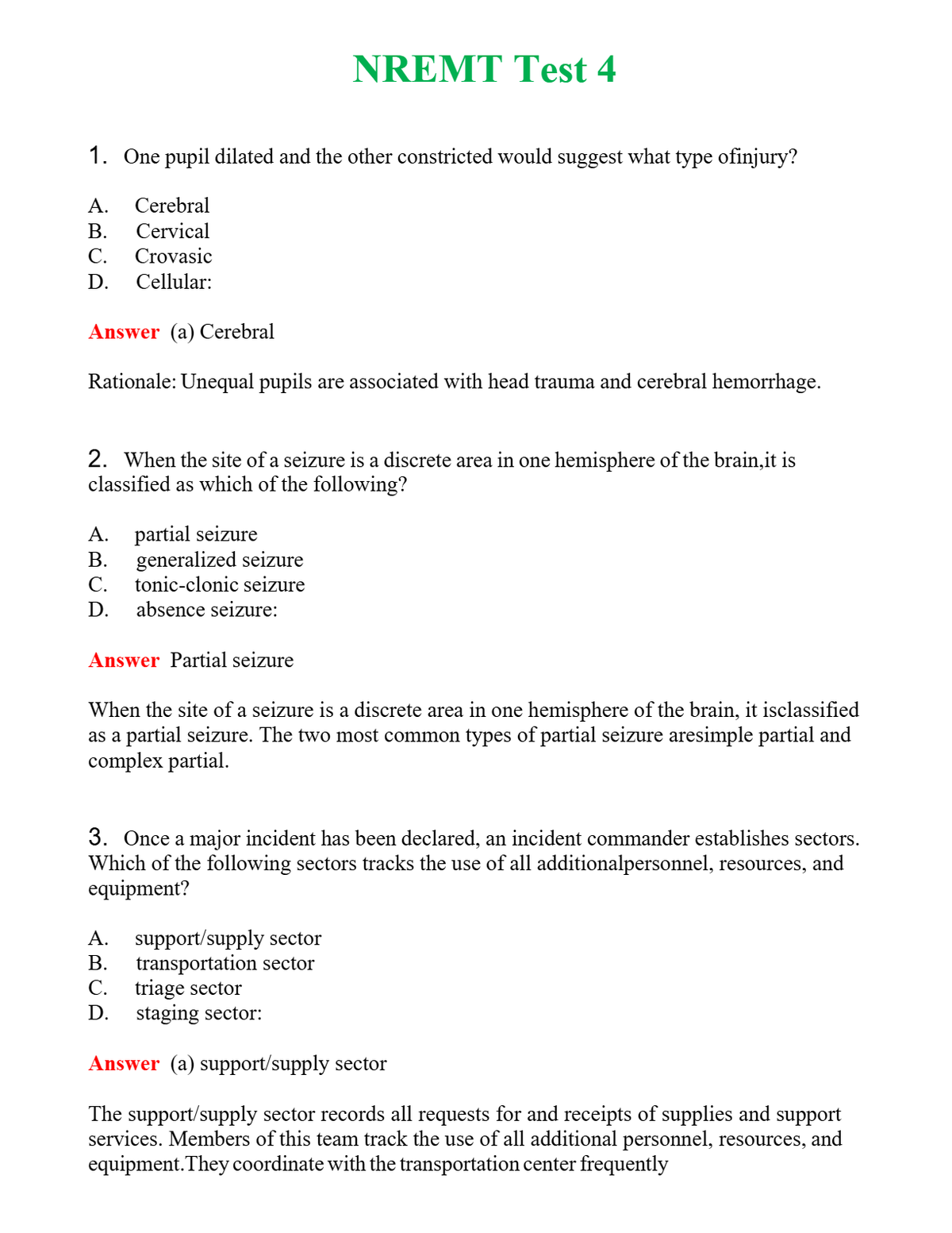 NREMT Test 4 Questions With Complete Grade A+ Answers