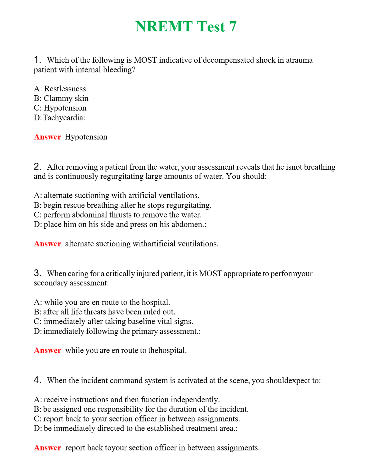 NREMT Test 7 Questions With Complete Grade A+ Answers