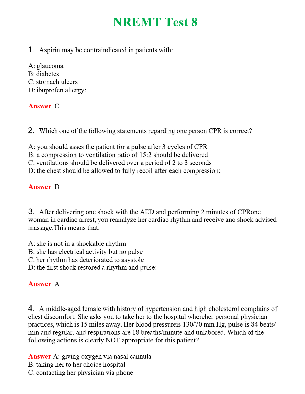 NREMT Test 8 Questions With Complete Grade A+ Answers