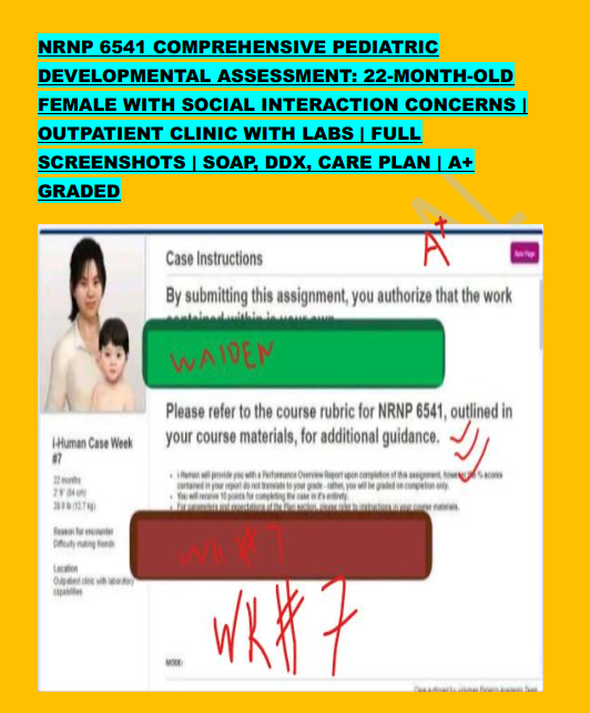 NRNP 6541 Comprehensive Pediatric Developmental Assessment: 22-Month-Old Female with Social Interaction Concerns | Outpatient Clinic with Labs, SOAP, DDX, Care Plan | A+ GRADED
