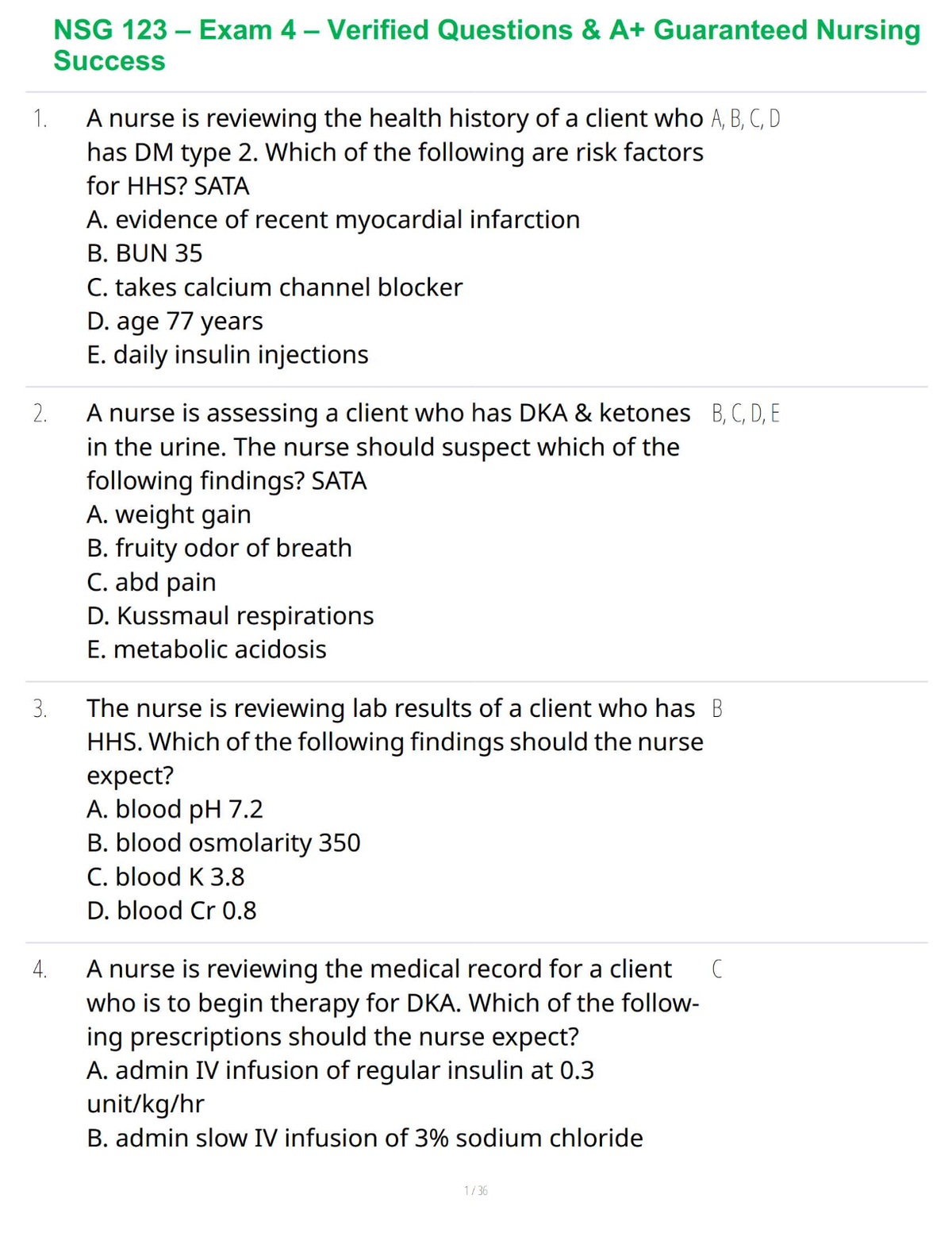 NSG 123 – Exam 4 – Verified Questions & A+ Guaranteed Nursing Success