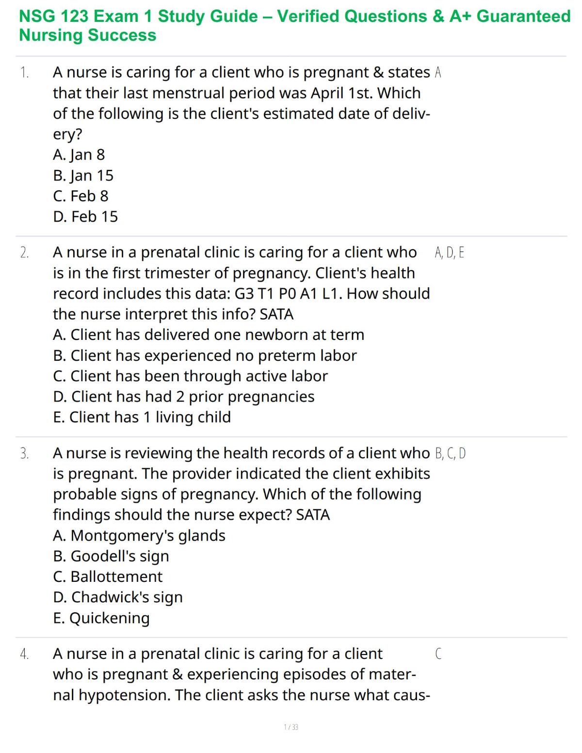 NSG 123 Exam 1 Study Guide – Verified Questions & A+ Guaranteed Nursing Success