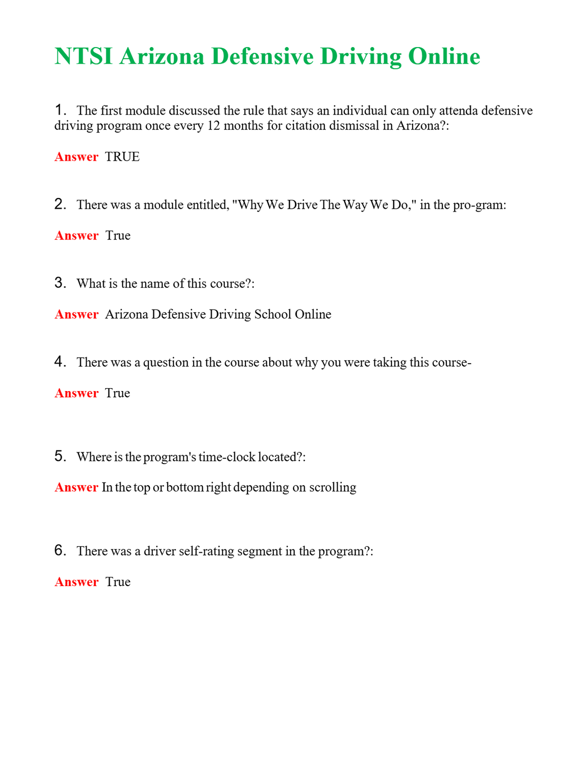 NTSI Arizona Defensive Driving Online | Actual Questions and Verified Answers ( Included ) 100% Correct