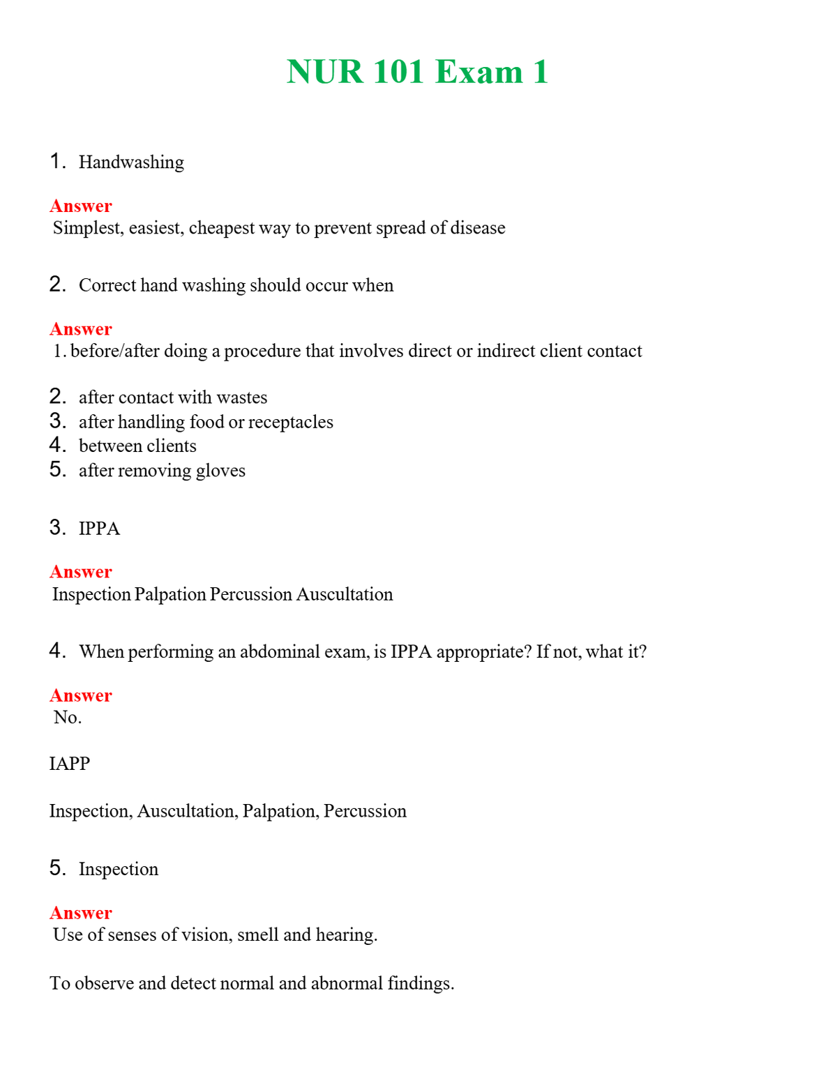 NUR 101 EXAM 1 | QUESTIONS AND ANSWERS INCLUDED