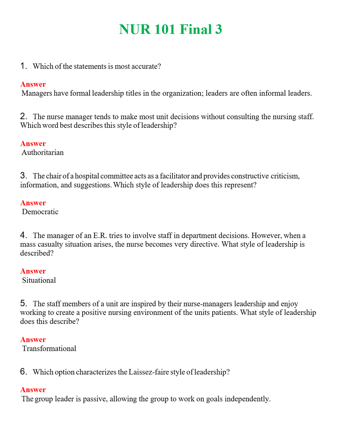 NUR 101 FINAL 3 | PASSED | A+ RATED GUIDE | NEW FULL EXAM