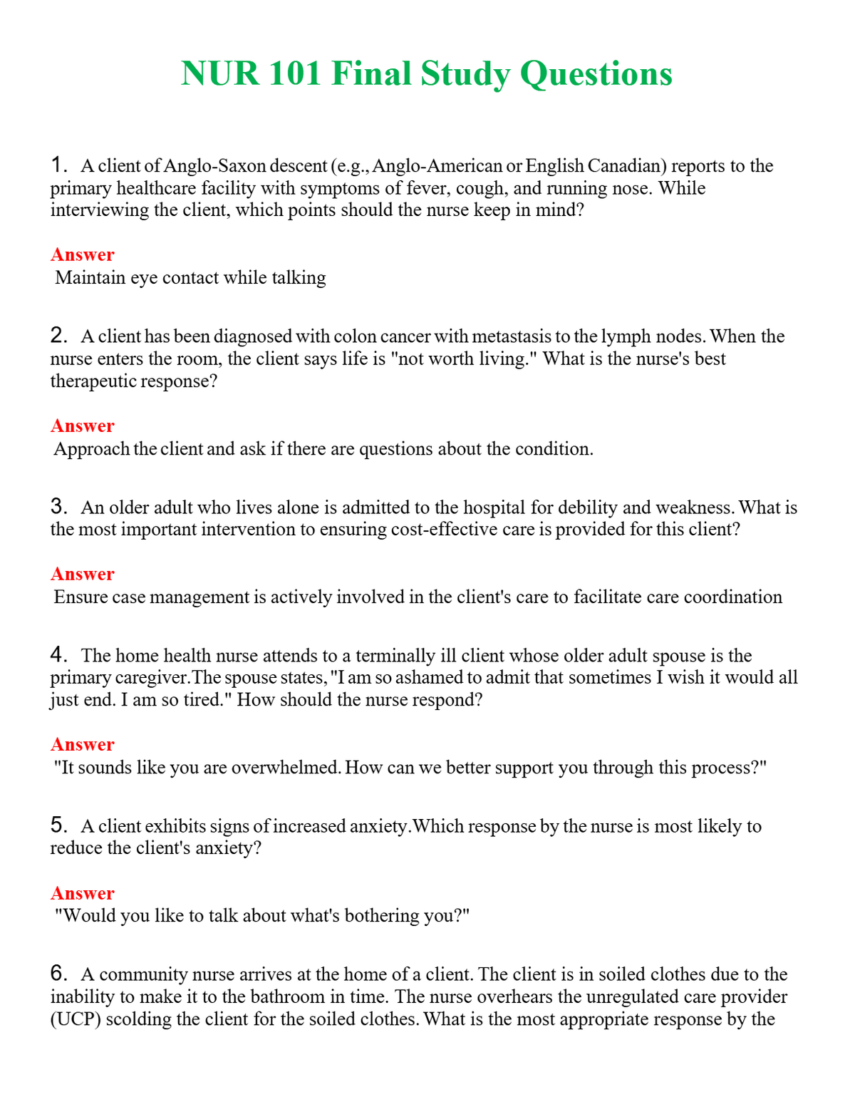 NUR 101 FINAL STUDY QUESTIONS | A+ RATED GUIDE | QUESTIONS AND ANSWERS (SOLVED)