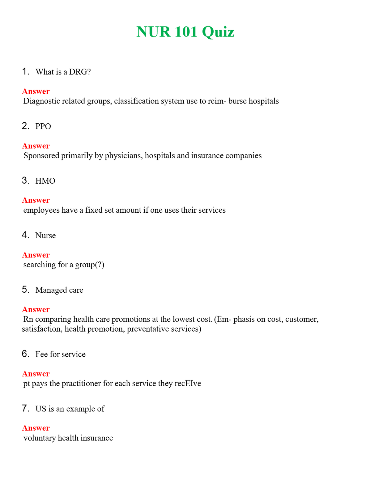 NUR 101 QUIZ | A SOLVED 100% CORRECT